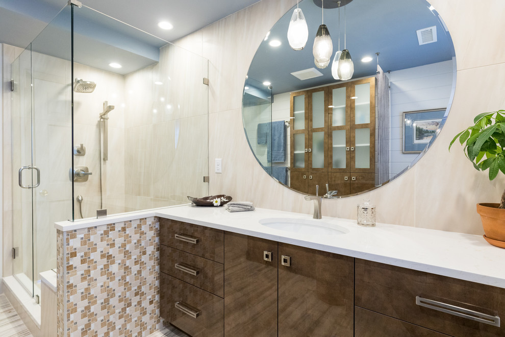 Large minimalist master beige tile and porcelain tile light wood floor bathroom photo in Boston with flat-panel cabinets, white walls, an undermount sink and quartz countertops