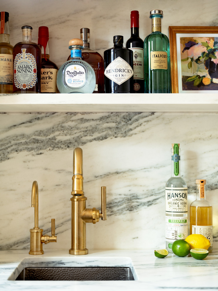 This is an example of a small midcentury galley wet bar in New York with an undermount sink, shaker cabinets, green cabinets, marble benchtops, multi-coloured splashback, marble splashback and multi-coloured benchtop.