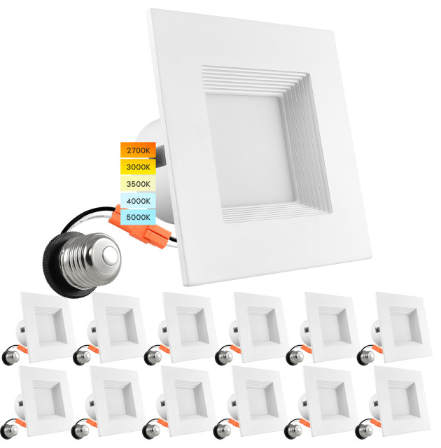 Luxrite 12 Pack 4" Square Recessed LED Light 5 Color Option Dimmable Baffle Trim