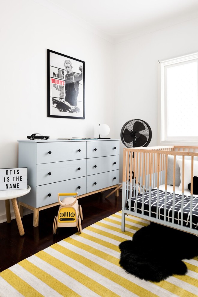 Design ideas for a small contemporary kids' room in Perth with white walls, dark hardwood floors and brown floor.