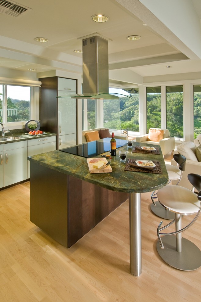 Open concept kitchen - contemporary l-shaped open concept kitchen idea in Hawaii with flat-panel cabinets, granite countertops and a double-bowl sink