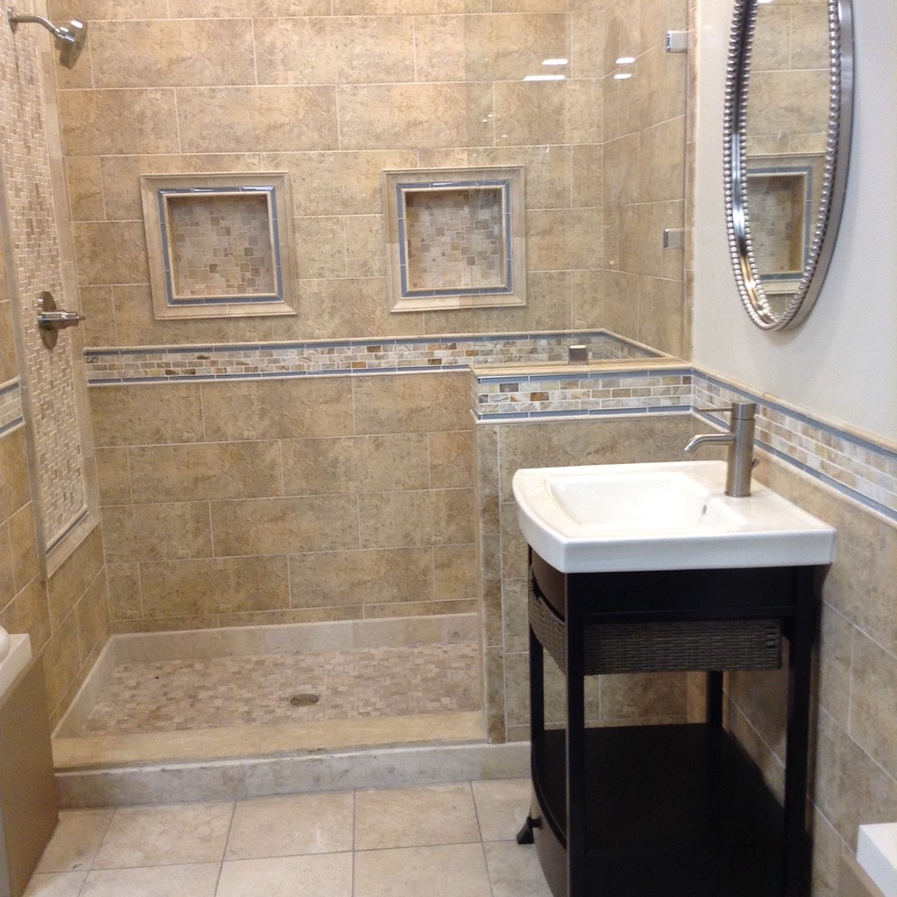 Photo of a mediterranean bathroom in Little Rock with limestone, limestone floors and an open shower.