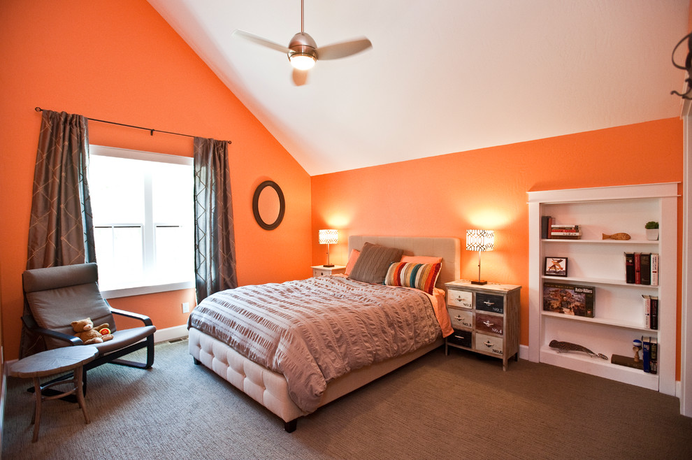 Design ideas for a mid-sized transitional guest bedroom in Other with orange walls, carpet and no fireplace.