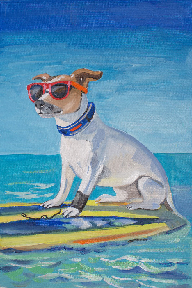 "Cool Surf Dog" Painting Print on Wrapped Canvas, 8"x12" Beach Style