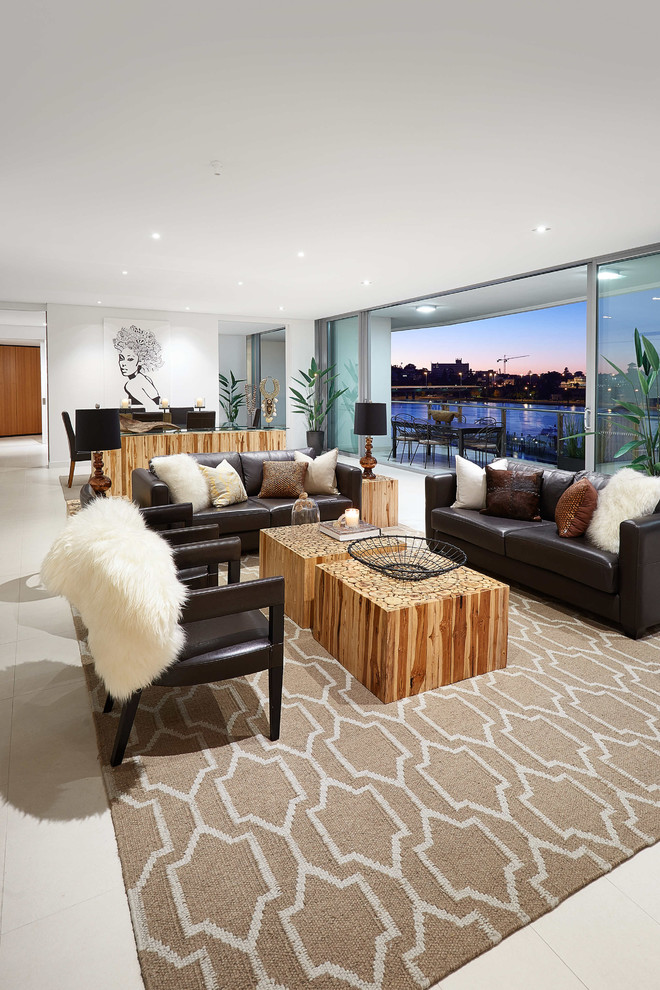 This is an example of a large contemporary open concept living room in Perth with white walls.