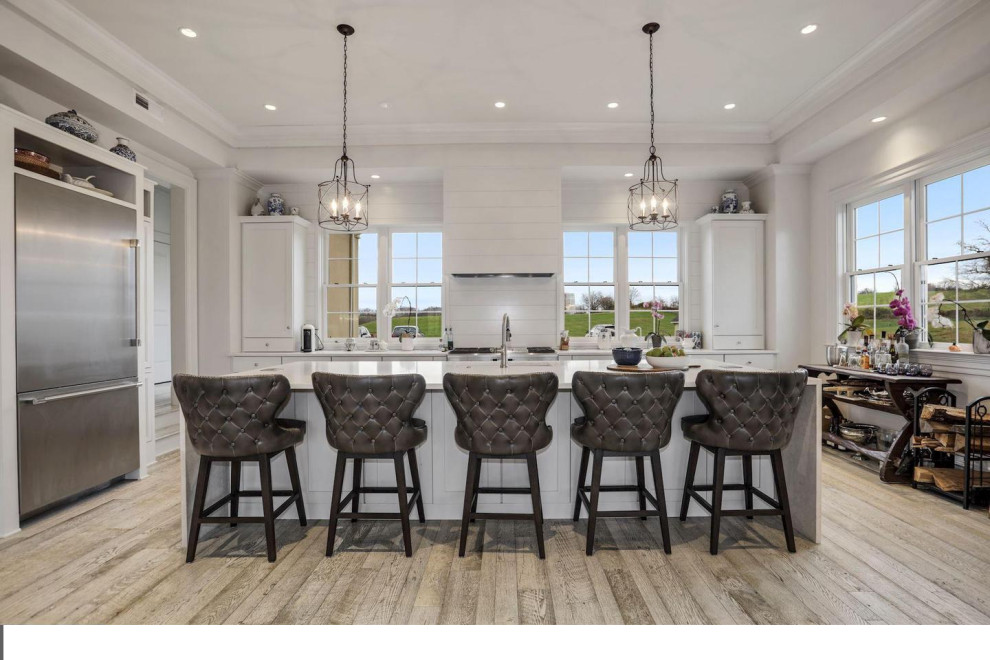 Inspiration for a large transitional single-wall light wood floor eat-in kitchen remodel in DC Metro with an undermount sink, shaker cabinets, white cabinets, quartz countertops, stainless steel appliances and an island