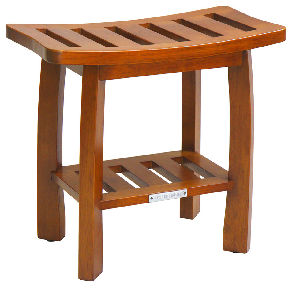 Solid Wood Spa Shower Bench with Storage Shelf, Teak Color Finish