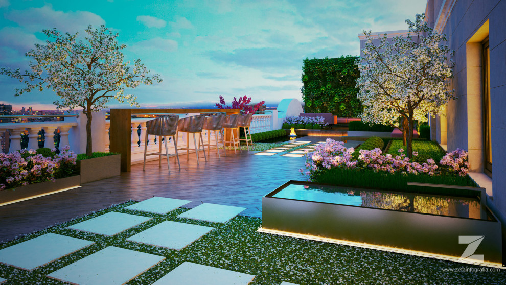 Foto de terraza moderna grande en azotea con fuente