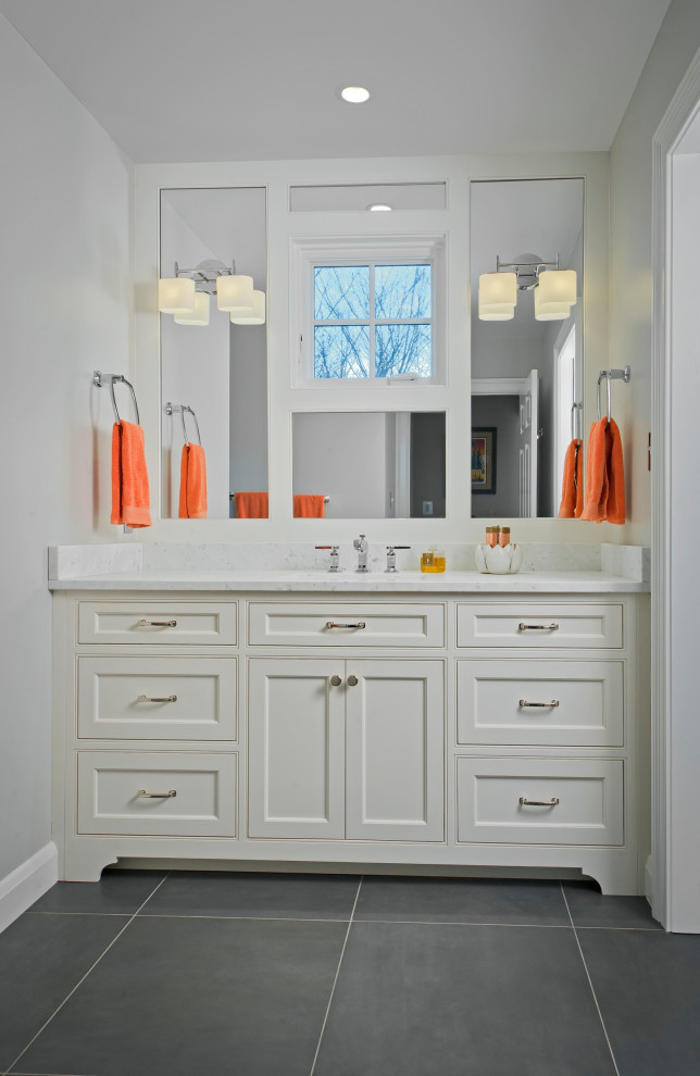 Inspiration for a transitional bathroom in Baltimore with shaker cabinets, white cabinets, marble benchtops, white benchtops, a single vanity, a built-in vanity, white walls, an undermount sink and grey floor.