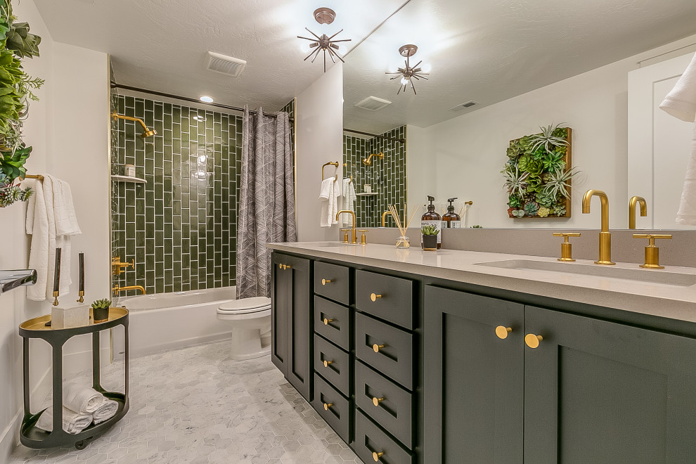 Photo of a small modern master bathroom in Seattle with raised-panel cabinets, green cabinets, a one-piece toilet, white walls, ceramic floors, a drop-in sink, white floor, a double vanity and a built-in vanity.