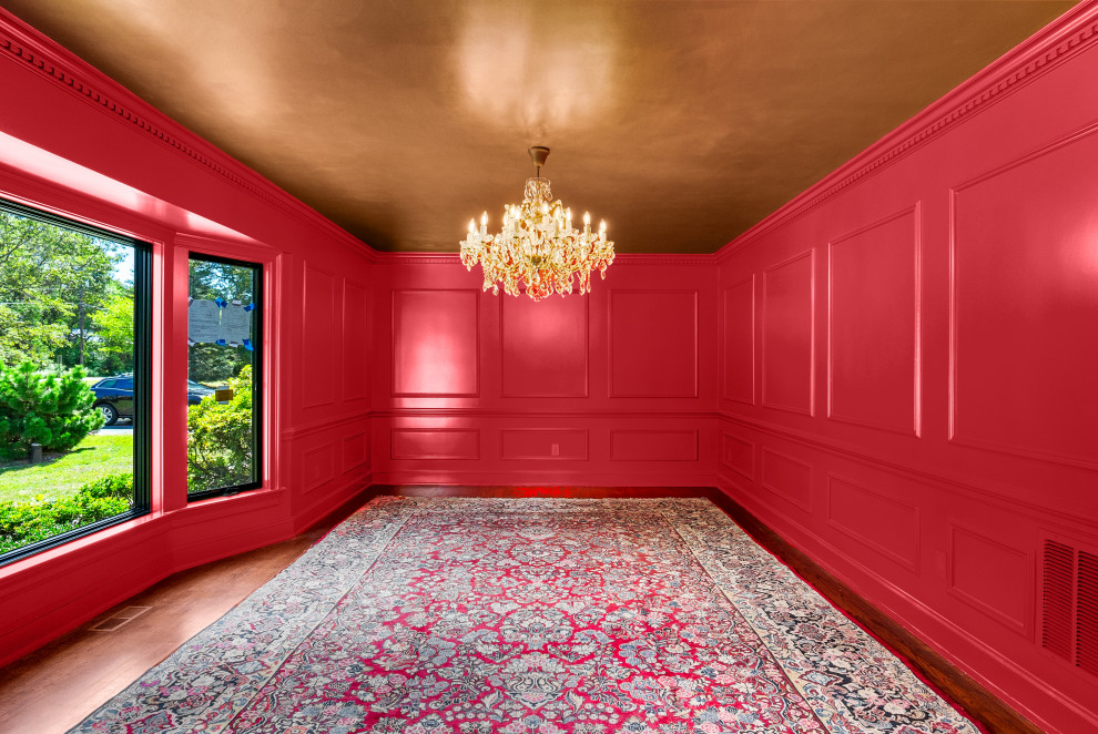 Enclosed dining room - mid-sized french country dark wood floor, brown floor and wall paneling enclosed dining room idea in New York with red walls