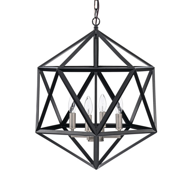 4Light Matte Black Geometric Cage Chandelier with Brushed Nickel