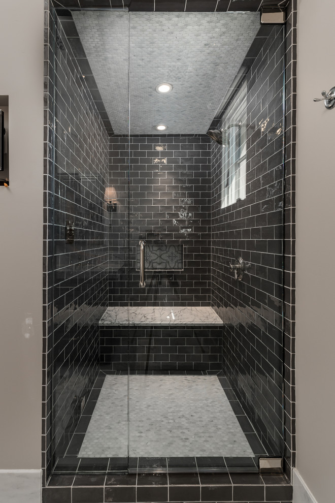 Expansive mediterranean kids bathroom in Phoenix with furniture-like cabinets, grey cabinets, a corner tub, a double shower, a one-piece toilet, beige tile, marble, beige walls, porcelain floors, an integrated sink, marble benchtops, grey floor and a hinged shower door.