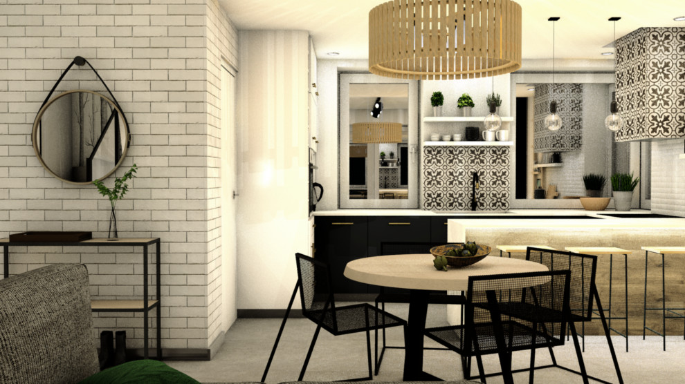 Cette image montre une petite salle à manger ouverte sur le salon minimaliste avec un mur blanc, un sol en carrelage de porcelaine, une cheminée d'angle, un manteau de cheminée en carrelage, un sol gris et un mur en parement de brique.