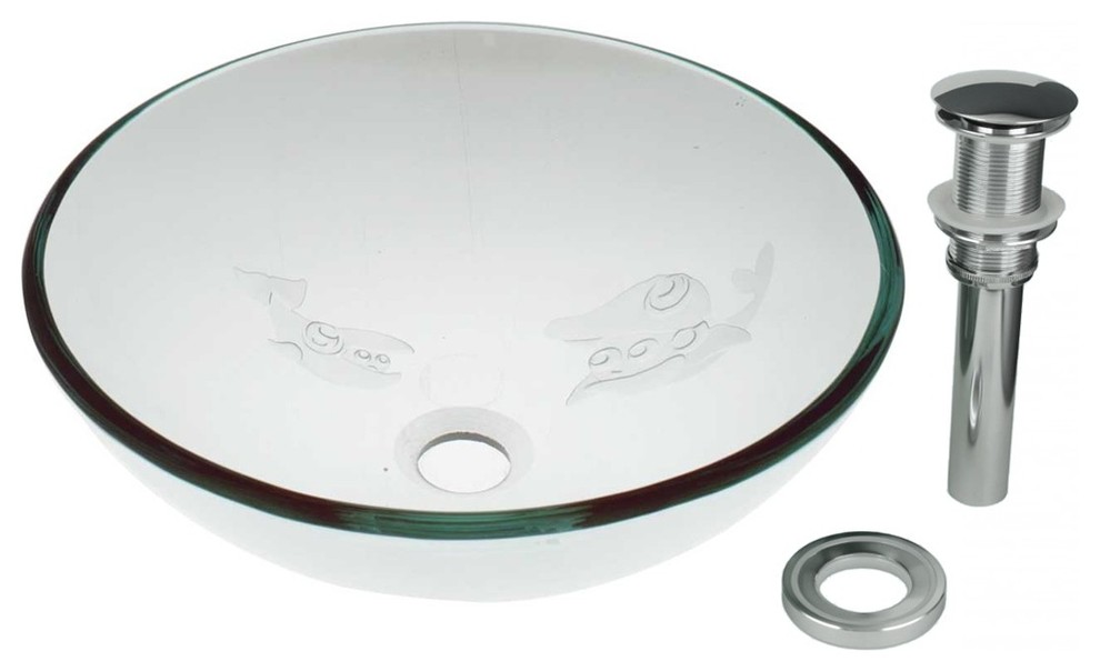 Tempered Glass Vessel Sink with Drain, Etched Fish Frosted Glass Bowl