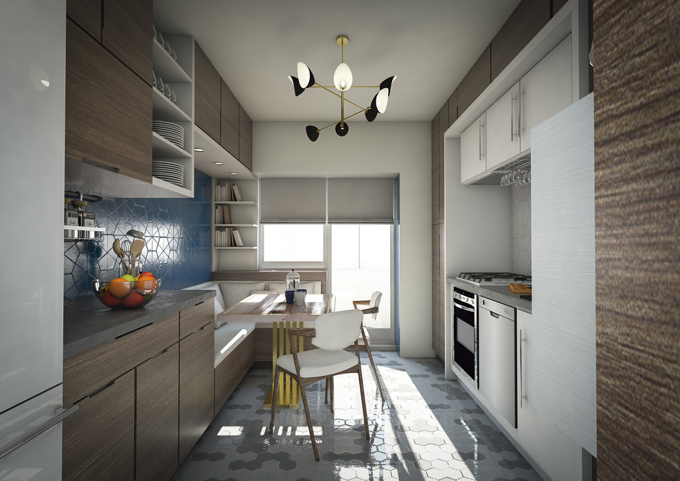 Inspiration for a mid-sized modern galley ceramic tile enclosed kitchen remodel with a single-bowl sink, beaded inset cabinets, dark wood cabinets, concrete countertops, blue backsplash, ceramic backsplash, black appliances and no island