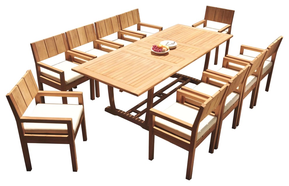 11Piece Outdoor Teak Dining Set 94" Masc Rectangle Table, 10 Vera Arm