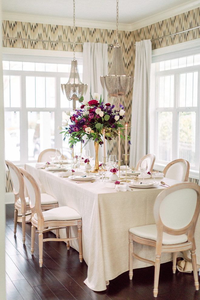 Inspiration for a traditional dining room in Cleveland with multi-coloured walls, dark hardwood floors and brown floor.