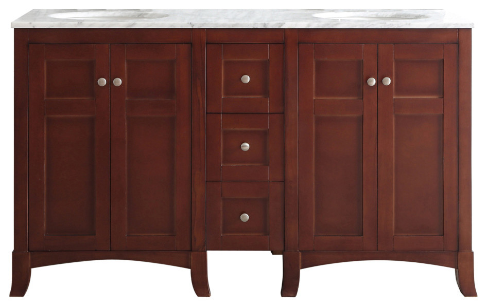 Arezzo Vanity With Carrara White Marble Top, Antique Cherry, 60", Without Mirror