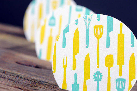 Kitchen Utensils Letterpressed Paper Coasters by Ruff House Art
