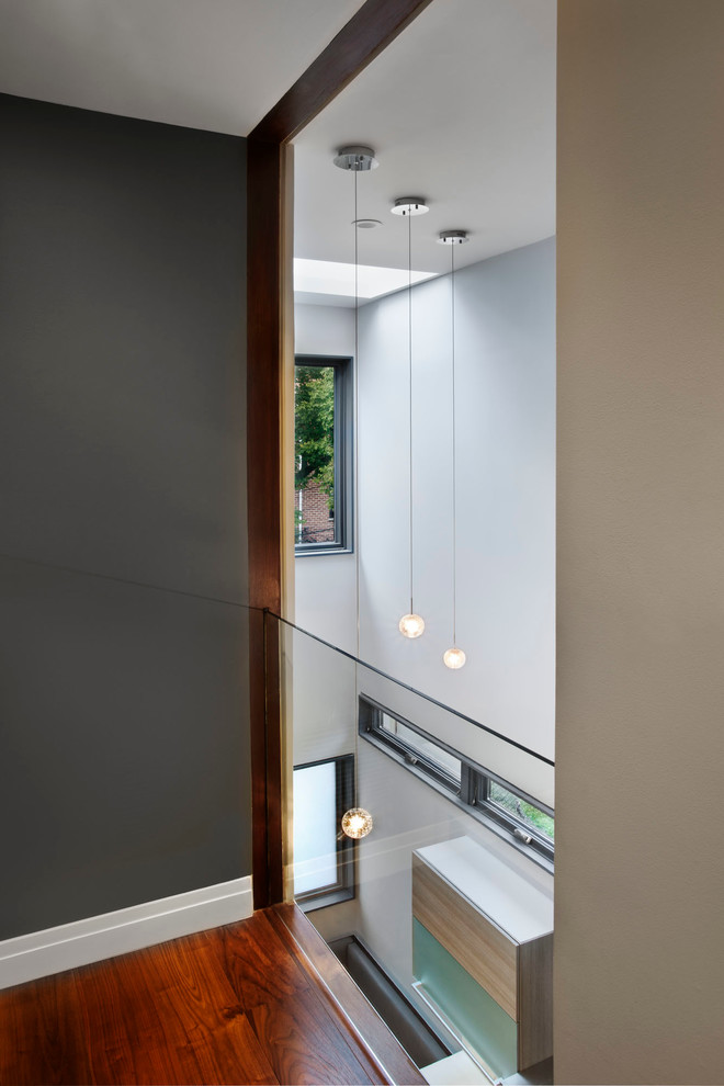 Photo of a mid-sized contemporary hallway in New York with grey walls and dark hardwood floors.