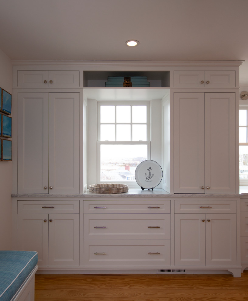 Transitional galley light wood floor eat-in kitchen photo in Boston with shaker cabinets, granite countertops and white appliances