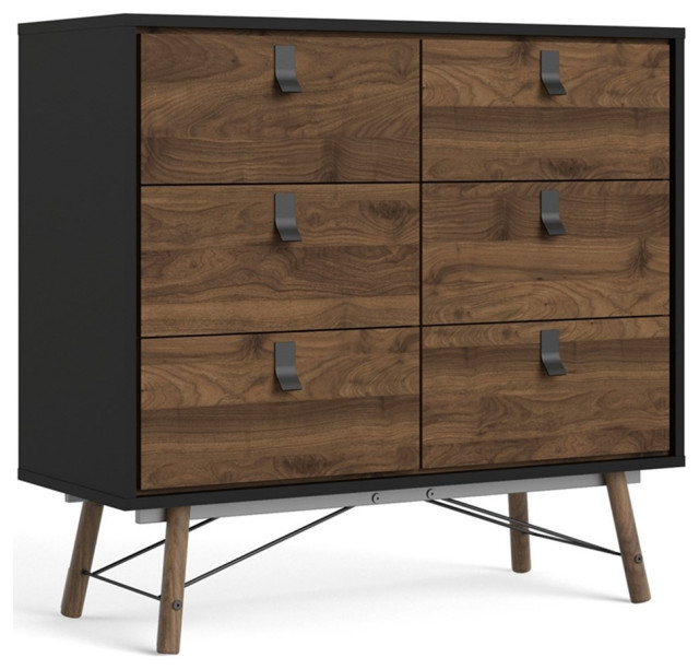 Pemberly Row Engineered Wood 6 Drawer Chest in Black Matte and Walnut