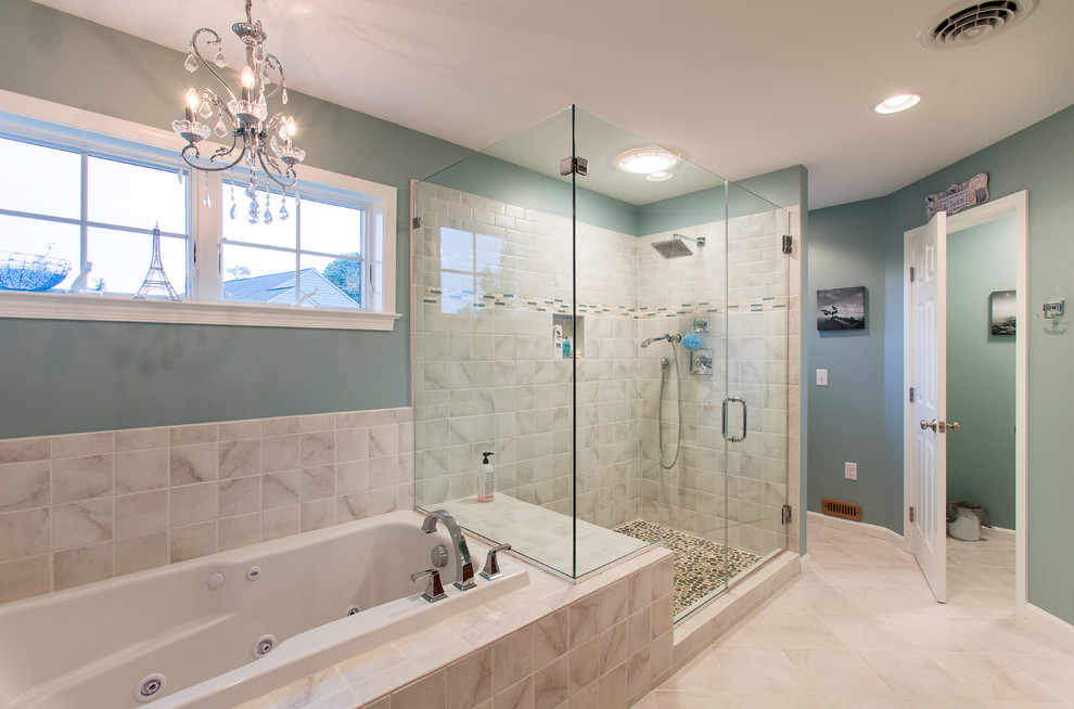 Mid-sized traditional master bathroom in Philadelphia with a drop-in tub, an open shower, ceramic tile, green walls, ceramic floors, beige tile, raised-panel cabinets, dark wood cabinets, an undermount sink, beige floor and a hinged shower door.
