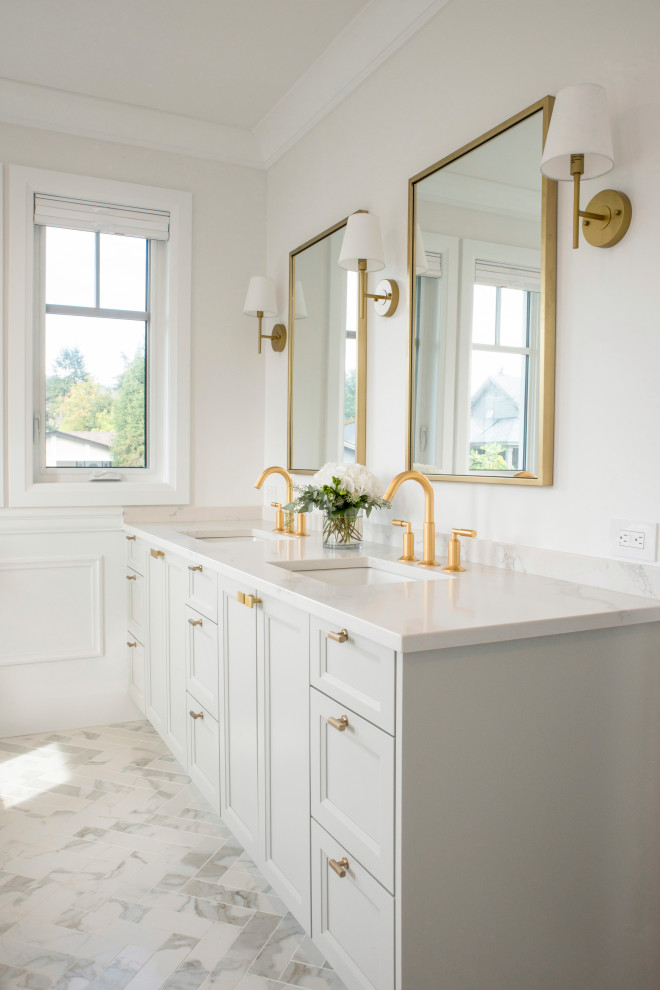 This is an example of a transitional bathroom in Vancouver with shaker cabinets, grey cabinets, white walls, porcelain floors, an undermount sink, engineered quartz benchtops, white floor, white benchtops, a double vanity, a built-in vanity and decorative wall panelling.