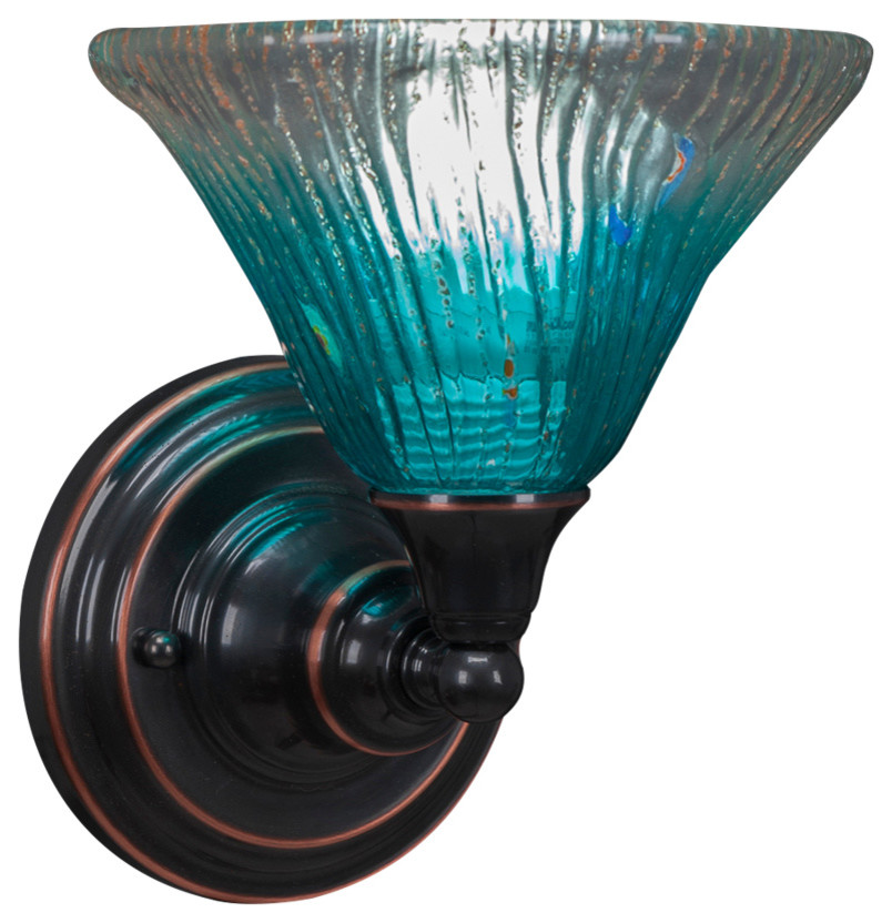Wall Sconce In Black Copper, 7" Teal Crystal Glass