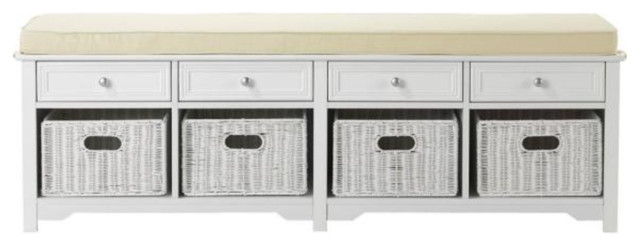 60 White 4 Basket Storage Bench Beach Style Accent And