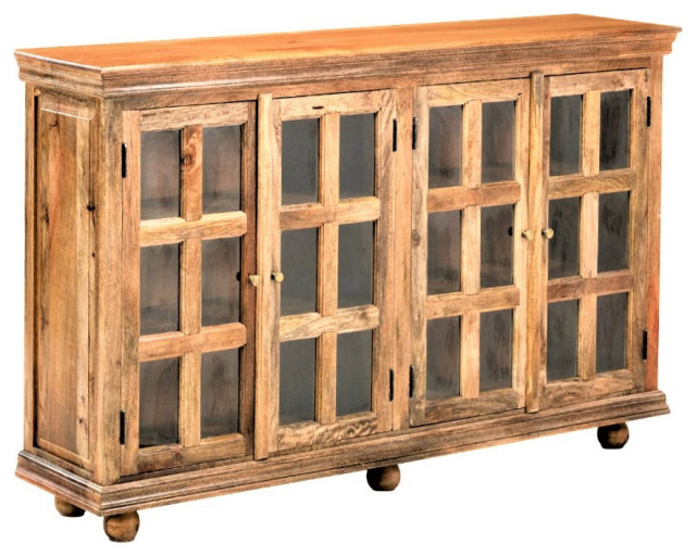 70" Natural Wood Rustic Farmhouse Large Sideboard with Glass Doors