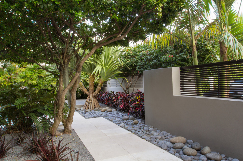 This is an example of a small contemporary front yard partial sun garden in Miami with a water feature.
