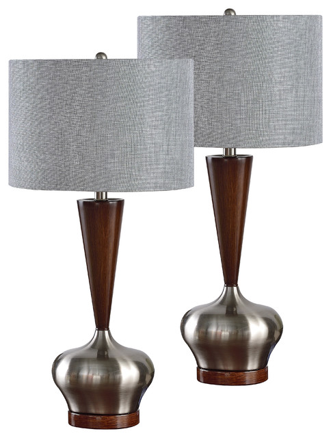 Brushed Nickel Walnut With Silver Fabric Shade Table Lamps Set Of 2 Brushed Nickel Walnut With Silver Fabric Shade Table Lamps Set Of 2