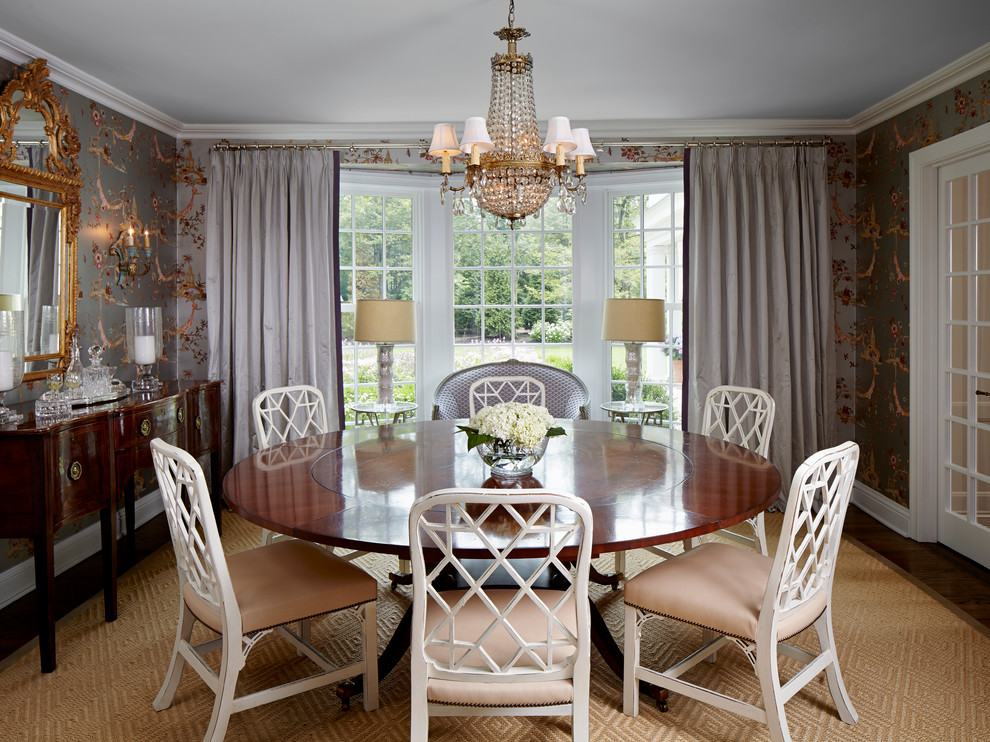 Inspiration for a traditional separate dining room in Chicago with multi-coloured walls.