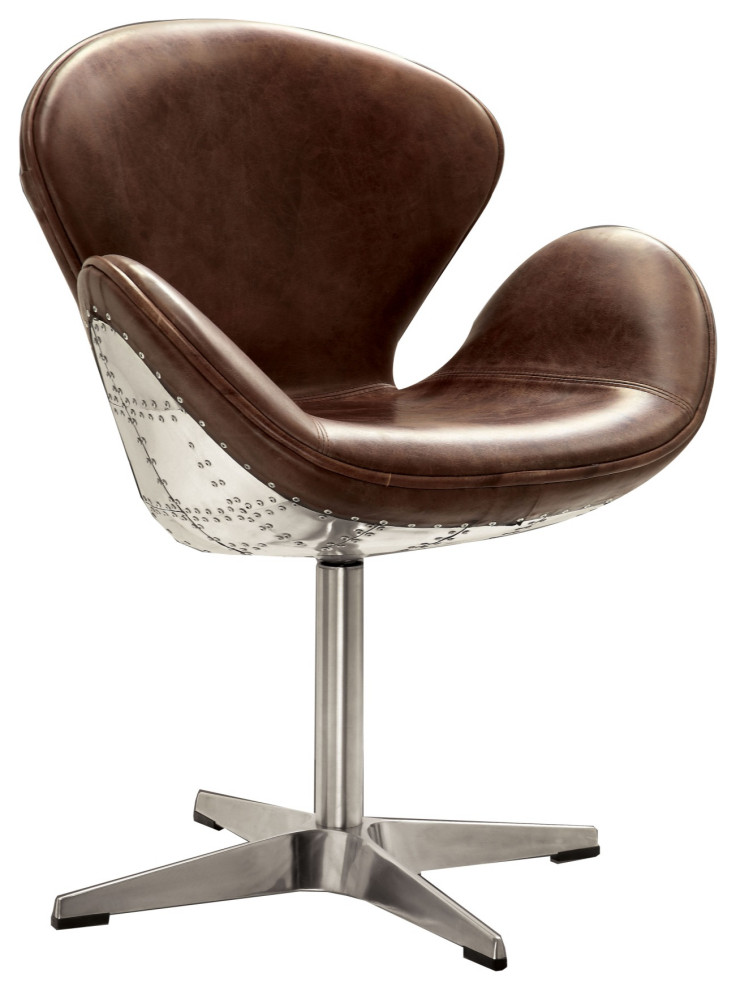 Top Grain Leather Accent Chair With Swivel, Brown & Silver Industrial Armchairs And Accent