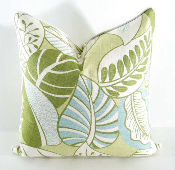 Blue, Green Decorative Pillow Cover in Tropical Leaves By Annsliee