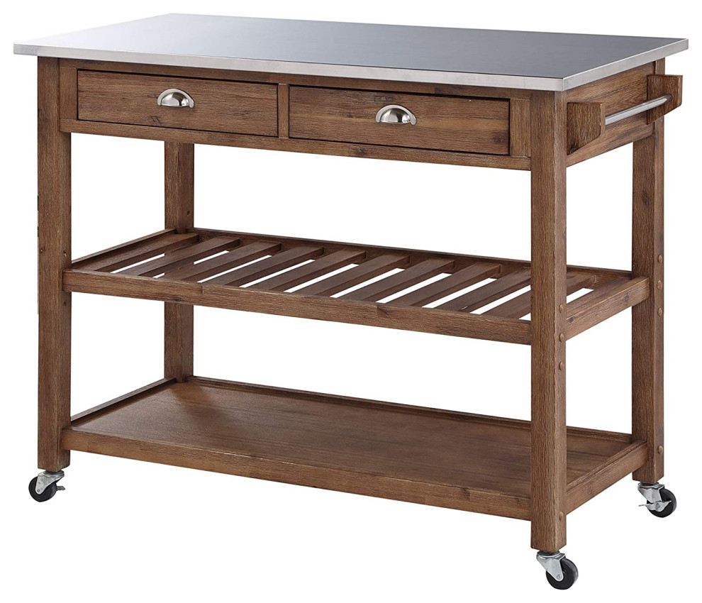 Farmhouse Kitchen Cart, 2 Drawers & Stainless Steel Counter Top