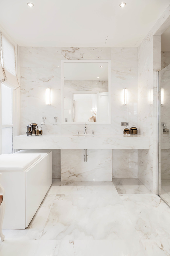 Design ideas for a contemporary 3/4 bathroom in Paris with white tile, porcelain tile and porcelain floors.