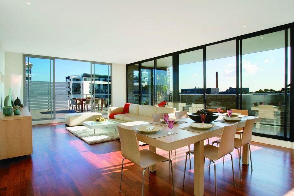 Contemporary dining room in Sydney with white walls and dark hardwood floors.