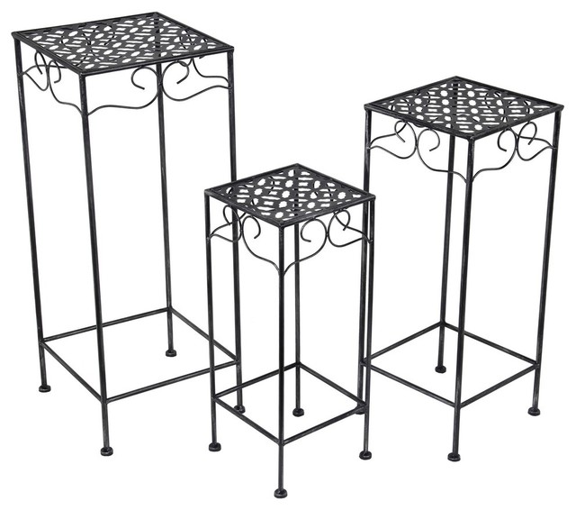 3Piece Black Metal Nesting Square Plant Stand Set Stamped Metal Tops