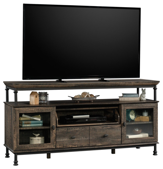 Industrial TV Console, Multiple Open Shelves and Built, USB Ports