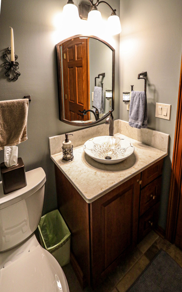 Powder Room with Beautiful Vessel Sink and Quartz Countertop ...