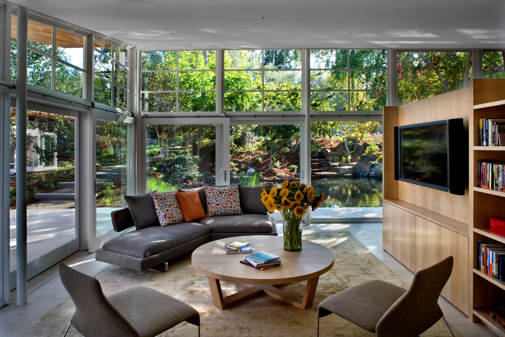 Contemporary living room in San Francisco with a built-in media wall.