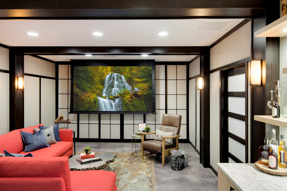 Inspiration for a mid-sized asian enclosed family room in Minneapolis with carpet and a concealed tv.