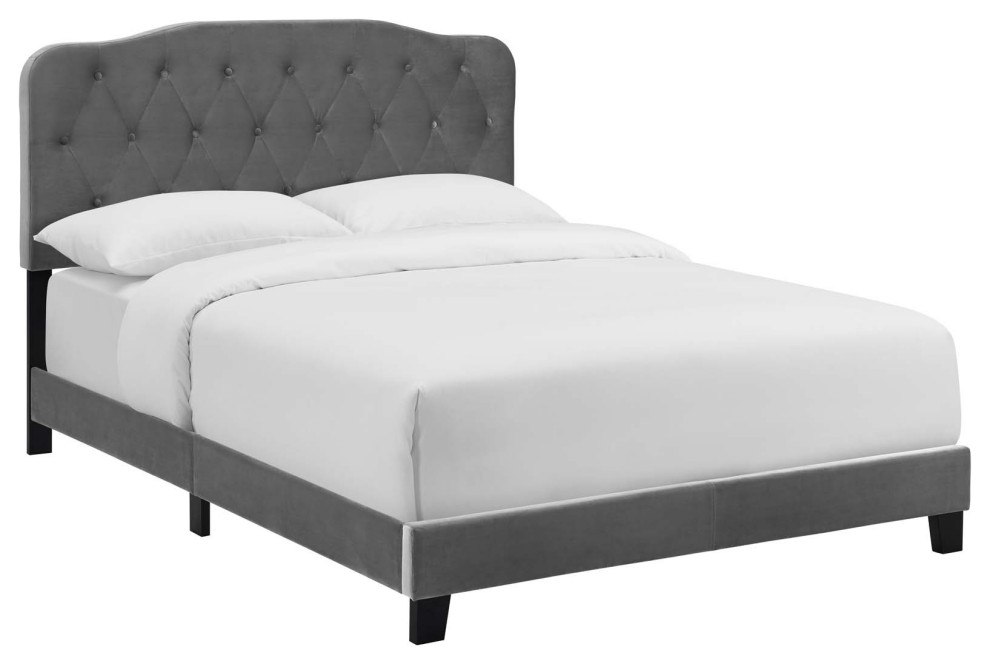 Amelia Queen Upholstered Velvet Bed, Gray