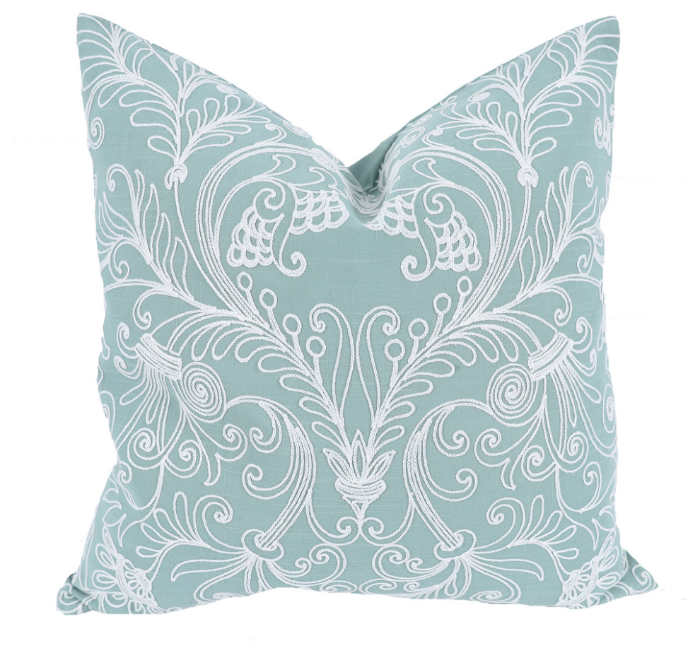 20" X 20" Green and White Damask Polyester Zippered Pillow With Embroidery
