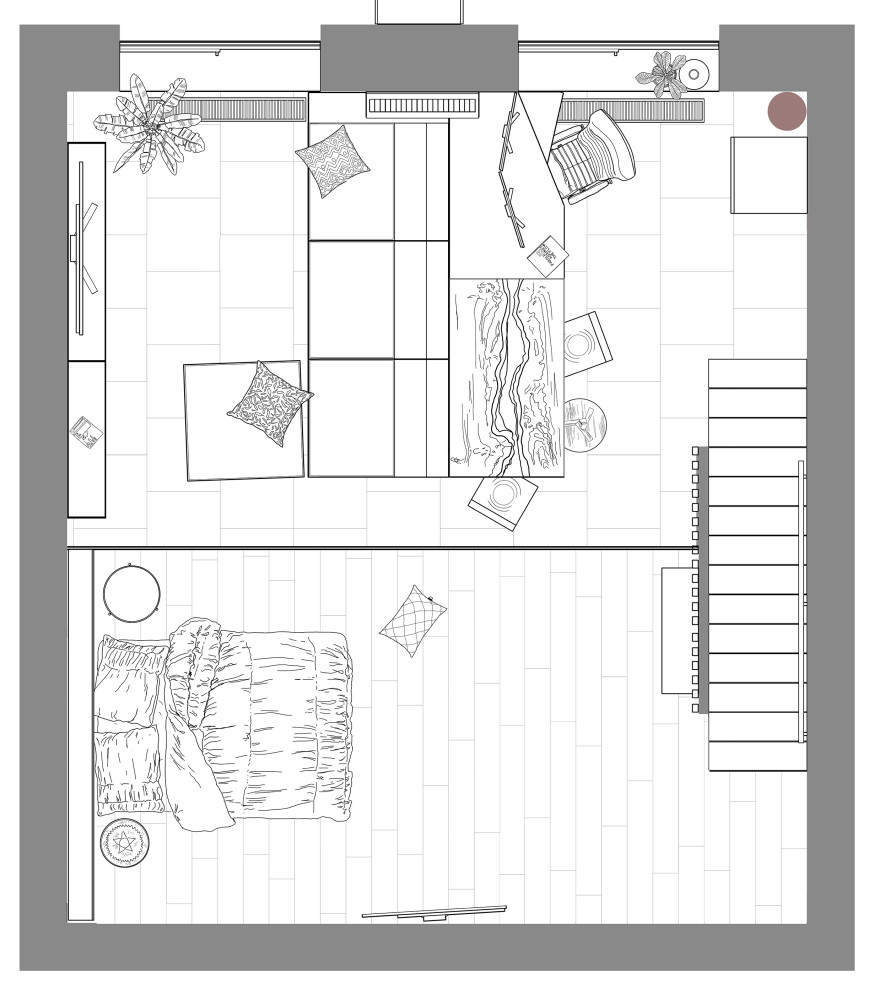 Интерьер небольшой двухуровневой квартиры студии в стиле лофт