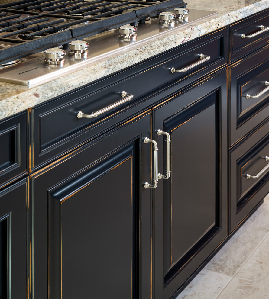 Cherry cabinets with black painted, distressed, island ...