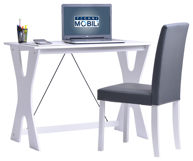 Techni Mobili Modern Matching Desk and Chair Set, White and Gray